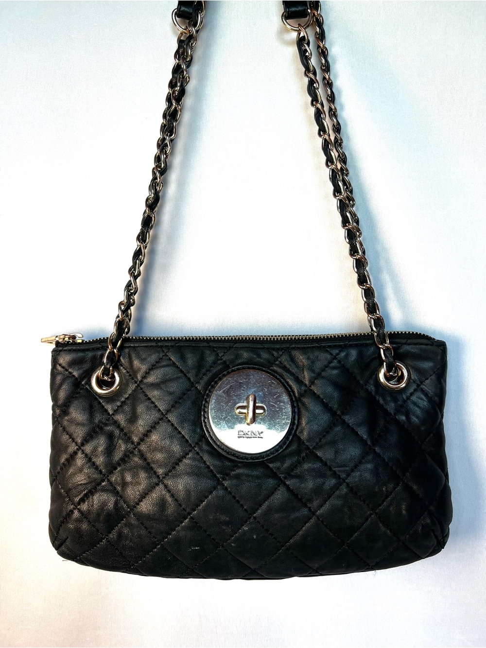 DKNY Black Quilted Leather Chain Shoulder Bag Silver Tone Small Purse